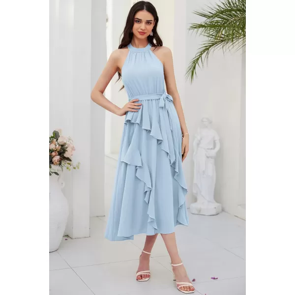 imageGRACE KARIN Womens 2024 Summer Sleeveless Halter Neck Ruffle Hem Split Flowy Swing Long Midi Dress with BeltBlue