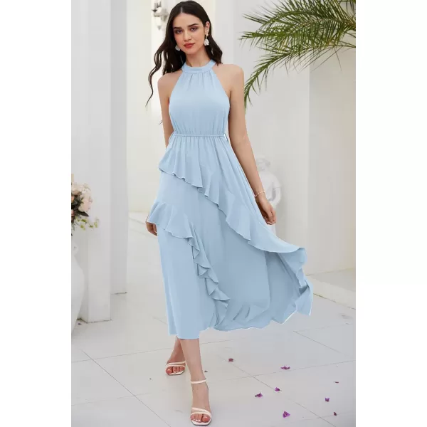 imageGRACE KARIN Womens 2024 Summer Sleeveless Halter Neck Ruffle Hem Split Flowy Swing Long Midi Dress with BeltBlue