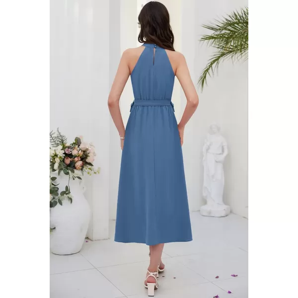 imageGRACE KARIN Womens 2024 Summer Sleeveless Halter Neck Ruffle Hem Split Flowy Swing Long Midi Dress with BeltDusty Blue