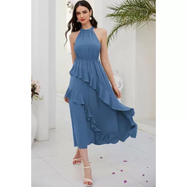 imageGRACE KARIN Womens 2024 Summer Sleeveless Halter Neck Ruffle Hem Split Flowy Swing Long Midi Dress with BeltDusty Blue