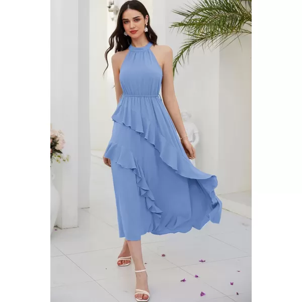 imageGRACE KARIN Womens 2024 Summer Sleeveless Halter Neck Ruffle Hem Split Flowy Swing Long Midi Dress with BeltLight Blue