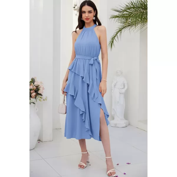 imageGRACE KARIN Womens 2024 Summer Sleeveless Halter Neck Ruffle Hem Split Flowy Swing Long Midi Dress with BeltLight Blue
