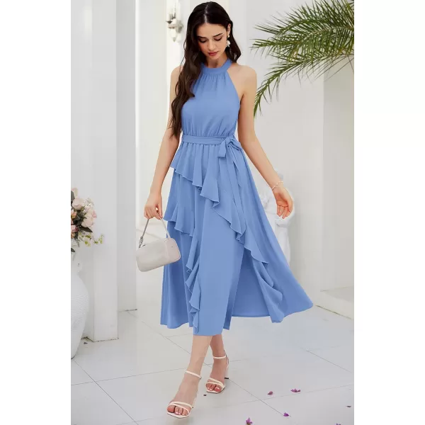 imageGRACE KARIN Womens 2024 Summer Sleeveless Halter Neck Ruffle Hem Split Flowy Swing Long Midi Dress with BeltLight Blue