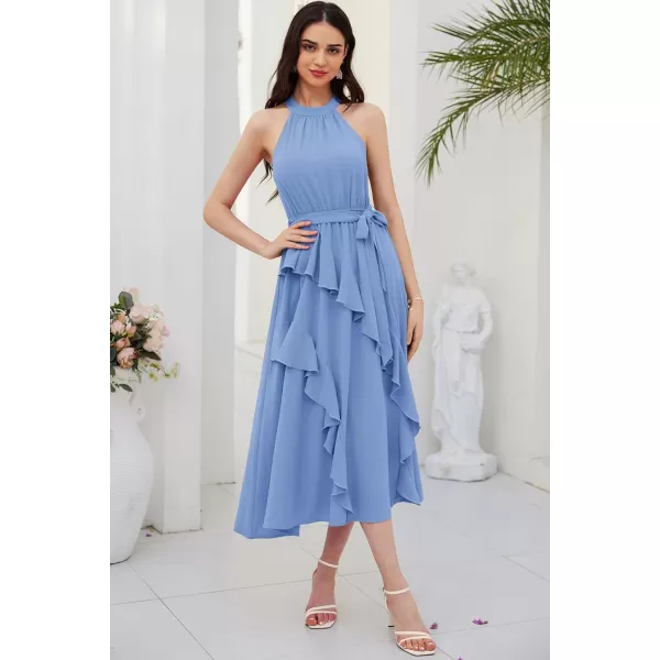 imageGRACE KARIN Womens 2024 Summer Sleeveless Halter Neck Ruffle Hem Split Flowy Swing Long Midi Dress with BeltLight Blue