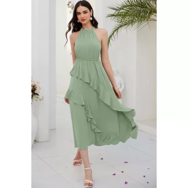 imageGRACE KARIN Womens 2024 Summer Sleeveless Halter Neck Ruffle Hem Split Flowy Swing Long Midi Dress with BeltLight Green