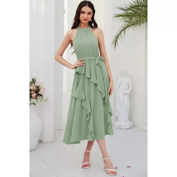 imageGRACE KARIN Womens 2024 Summer Sleeveless Halter Neck Ruffle Hem Split Flowy Swing Long Midi Dress with BeltLight Green
