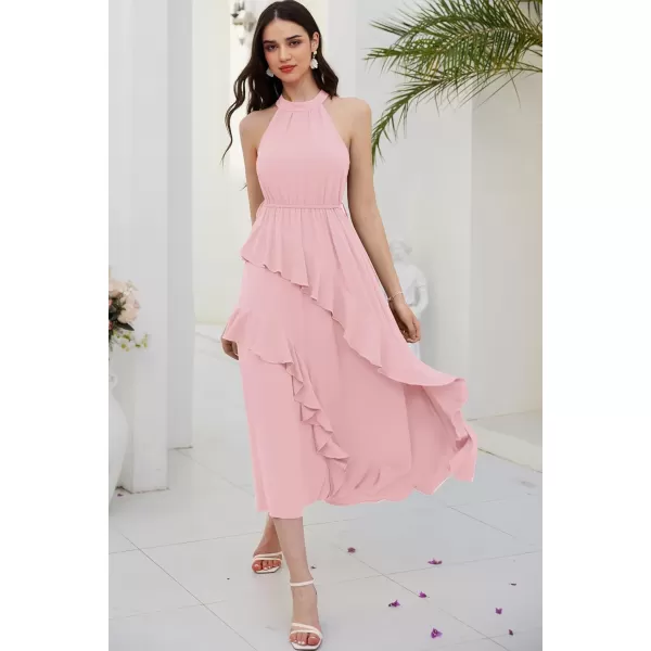 imageGRACE KARIN Womens 2024 Summer Sleeveless Halter Neck Ruffle Hem Split Flowy Swing Long Midi Dress with BeltLight Pink