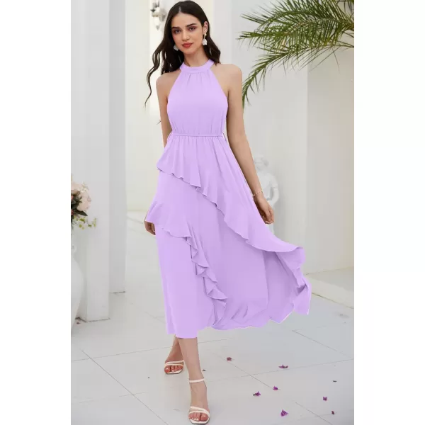 imageGRACE KARIN Womens 2024 Summer Sleeveless Halter Neck Ruffle Hem Split Flowy Swing Long Midi Dress with BeltLilac