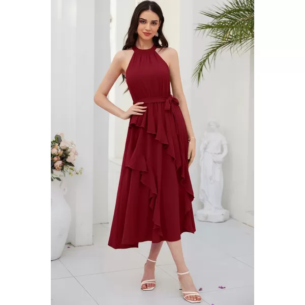 imageGRACE KARIN Womens 2024 Summer Sleeveless Halter Neck Ruffle Hem Split Flowy Swing Long Midi Dress with BeltRed