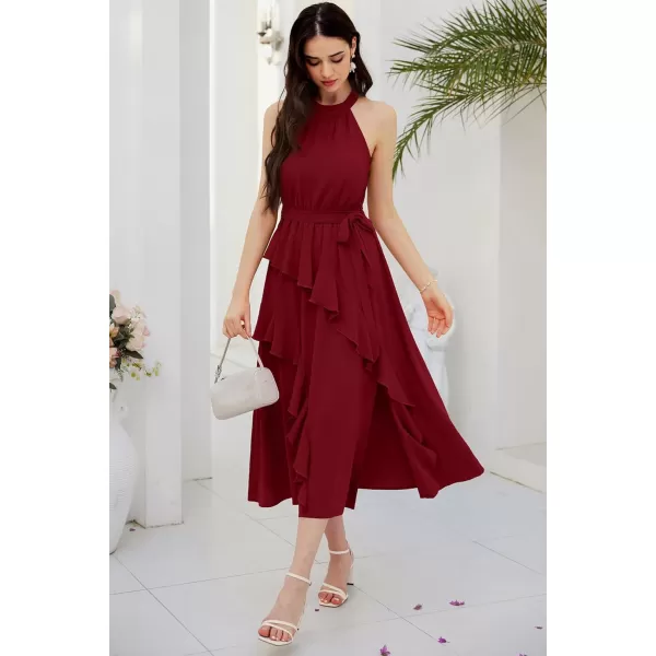imageGRACE KARIN Womens 2024 Summer Sleeveless Halter Neck Ruffle Hem Split Flowy Swing Long Midi Dress with BeltRed