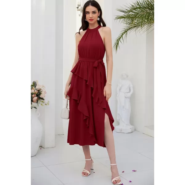 imageGRACE KARIN Womens 2024 Summer Sleeveless Halter Neck Ruffle Hem Split Flowy Swing Long Midi Dress with BeltRed