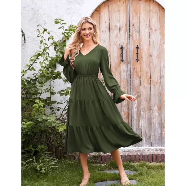 imageGRACE KARIN Womens Casual Long Sleeve Fall Dresses 2024 V Neck Ruffle Tiered A Line Flowy Wedding Guest Dress Boho DressArmy Green