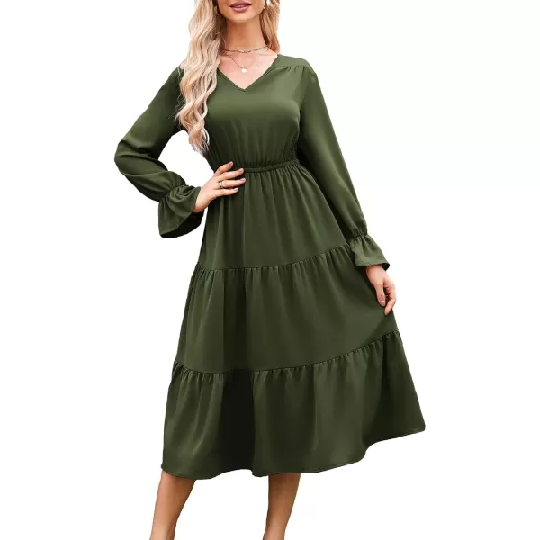 imageGRACE KARIN Womens Casual Long Sleeve Fall Dresses 2024 V Neck Ruffle Tiered A Line Flowy Wedding Guest Dress Boho DressArmy Green