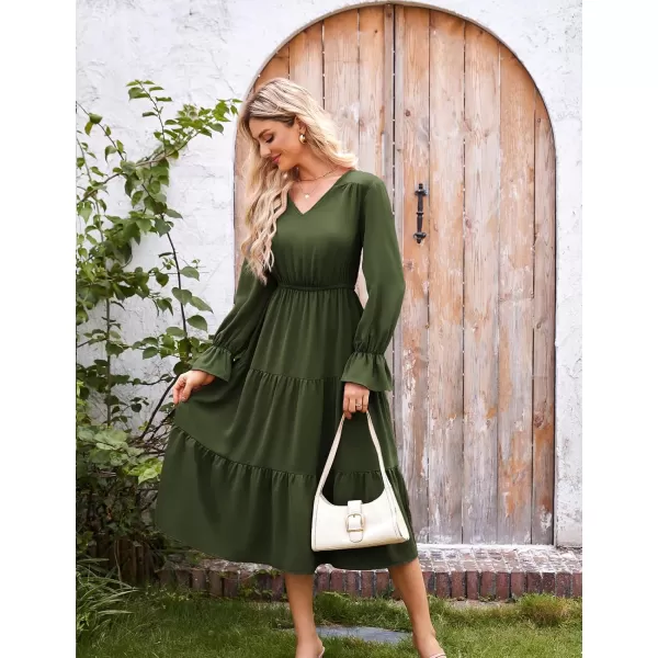 imageGRACE KARIN Womens Casual Long Sleeve Fall Dresses 2024 V Neck Ruffle Tiered A Line Flowy Wedding Guest Dress Boho DressArmy Green