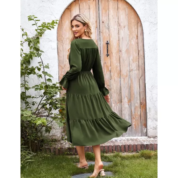 imageGRACE KARIN Womens Casual Long Sleeve Fall Dresses 2024 V Neck Ruffle Tiered A Line Flowy Wedding Guest Dress Boho DressArmy Green