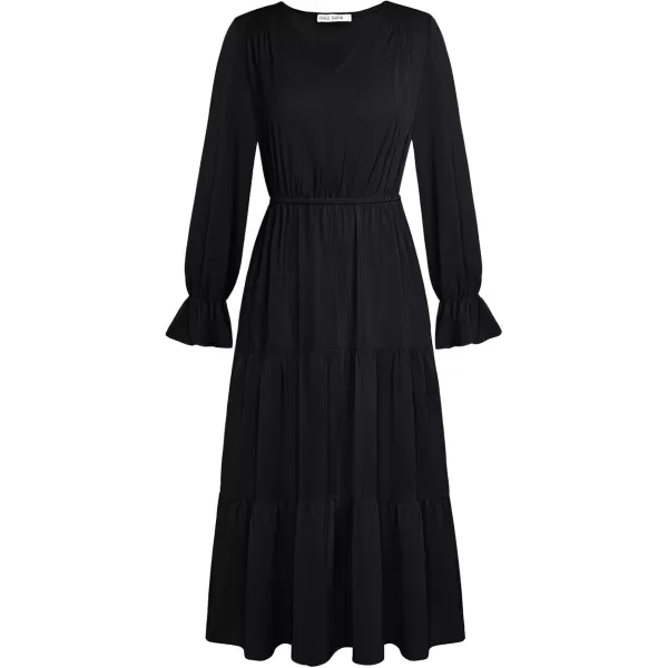 imageGRACE KARIN Womens Casual Long Sleeve Fall Dresses 2024 V Neck Ruffle Tiered A Line Flowy Wedding Guest Dress Boho DressBlack