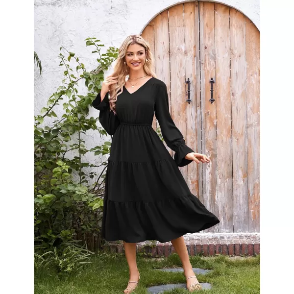 imageGRACE KARIN Womens Casual Long Sleeve Fall Dresses 2024 V Neck Ruffle Tiered A Line Flowy Wedding Guest Dress Boho DressBlack