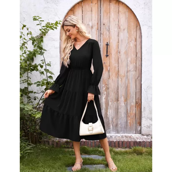 imageGRACE KARIN Womens Casual Long Sleeve Fall Dresses 2024 V Neck Ruffle Tiered A Line Flowy Wedding Guest Dress Boho DressBlack