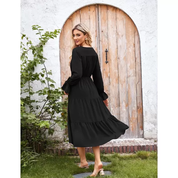 imageGRACE KARIN Womens Casual Long Sleeve Fall Dresses 2024 V Neck Ruffle Tiered A Line Flowy Wedding Guest Dress Boho DressBlack