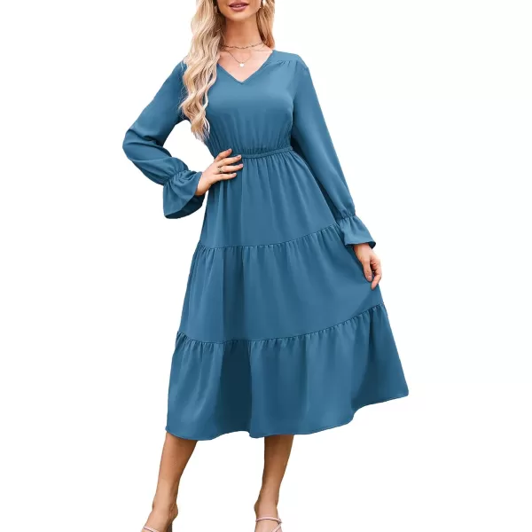 imageGRACE KARIN Womens Casual Long Sleeve Fall Dresses 2024 V Neck Ruffle Tiered A Line Flowy Wedding Guest Dress Boho DressBlue