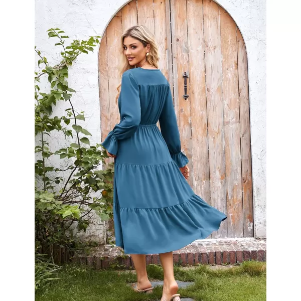 imageGRACE KARIN Womens Casual Long Sleeve Fall Dresses 2024 V Neck Ruffle Tiered A Line Flowy Wedding Guest Dress Boho DressBlue