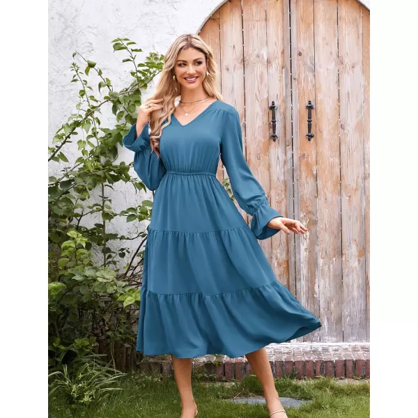 imageGRACE KARIN Womens Casual Long Sleeve Fall Dresses 2024 V Neck Ruffle Tiered A Line Flowy Wedding Guest Dress Boho DressBlue