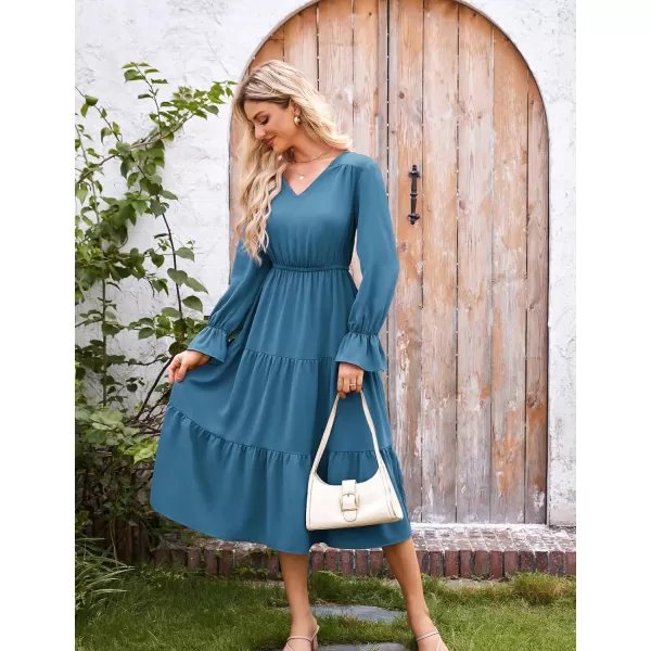 imageGRACE KARIN Womens Casual Long Sleeve Fall Dresses 2024 V Neck Ruffle Tiered A Line Flowy Wedding Guest Dress Boho DressBlue