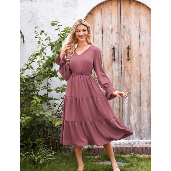 imageGRACE KARIN Womens Casual Long Sleeve Fall Dresses 2024 V Neck Ruffle Tiered A Line Flowy Wedding Guest Dress Boho DressDark Pink