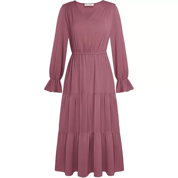 imageGRACE KARIN Womens Casual Long Sleeve Fall Dresses 2024 V Neck Ruffle Tiered A Line Flowy Wedding Guest Dress Boho DressDark Pink