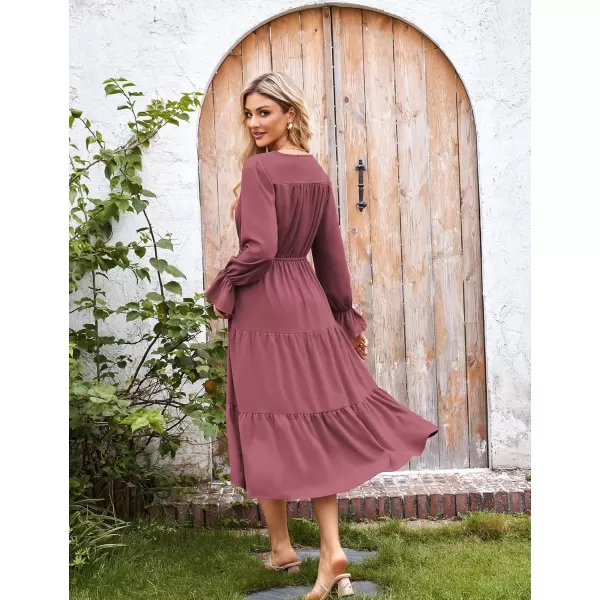 imageGRACE KARIN Womens Casual Long Sleeve Fall Dresses 2024 V Neck Ruffle Tiered A Line Flowy Wedding Guest Dress Boho DressDark Pink