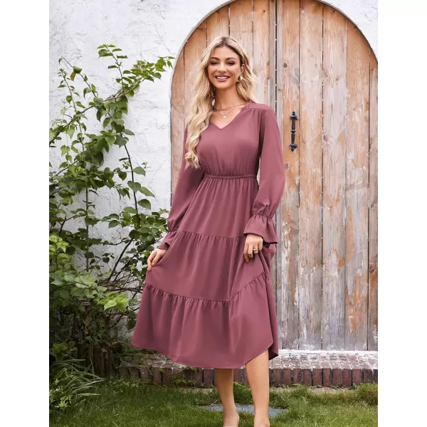 imageGRACE KARIN Womens Casual Long Sleeve Fall Dresses 2024 V Neck Ruffle Tiered A Line Flowy Wedding Guest Dress Boho DressDark Pink