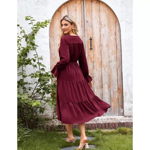 imageGRACE KARIN Womens Casual Long Sleeve Fall Dresses 2024 V Neck Ruffle Tiered A Line Flowy Wedding Guest Dress Boho DressWine Red