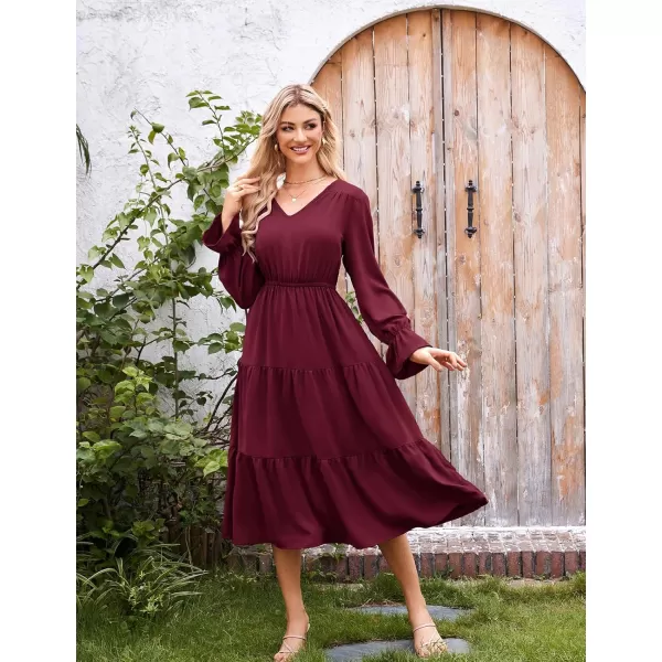 imageGRACE KARIN Womens Casual Long Sleeve Fall Dresses 2024 V Neck Ruffle Tiered A Line Flowy Wedding Guest Dress Boho DressWine Red