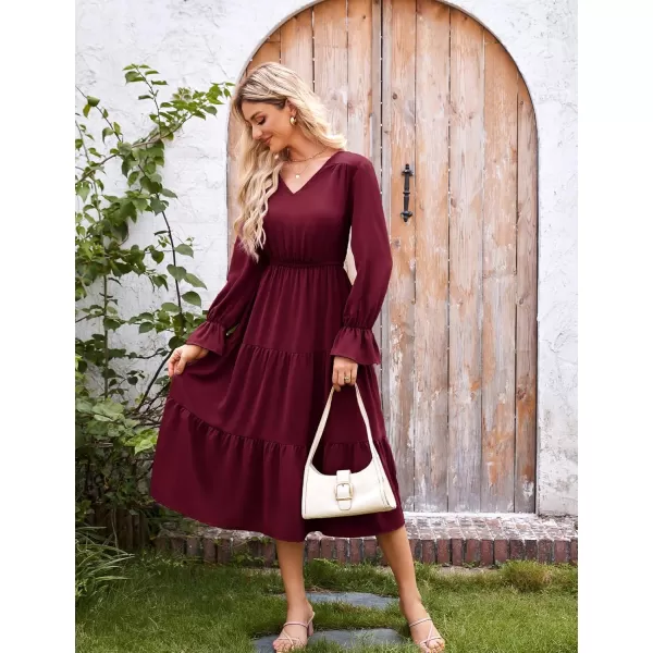 imageGRACE KARIN Womens Casual Long Sleeve Fall Dresses 2024 V Neck Ruffle Tiered A Line Flowy Wedding Guest Dress Boho DressWine Red