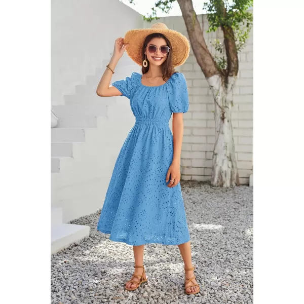 imageGRACE KARIN Womens Eyelet Dresses Summer Square Neck Short Puff Sleeve Casual A Line Boho Midi DressBlue