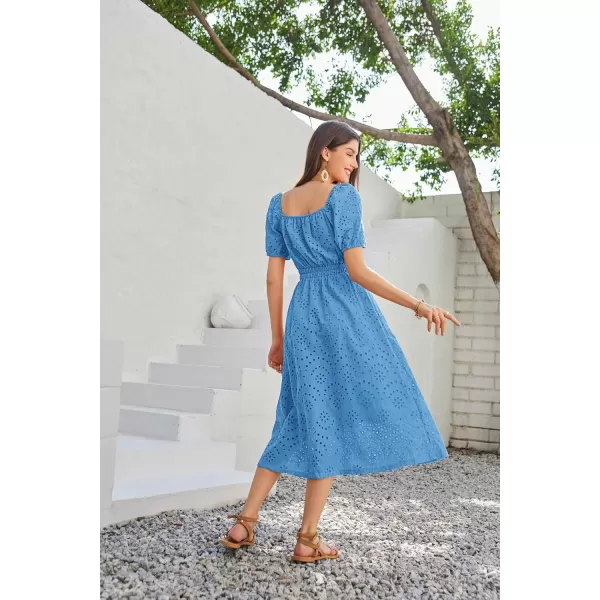 imageGRACE KARIN Womens Eyelet Dresses Summer Square Neck Short Puff Sleeve Casual A Line Boho Midi DressBlue