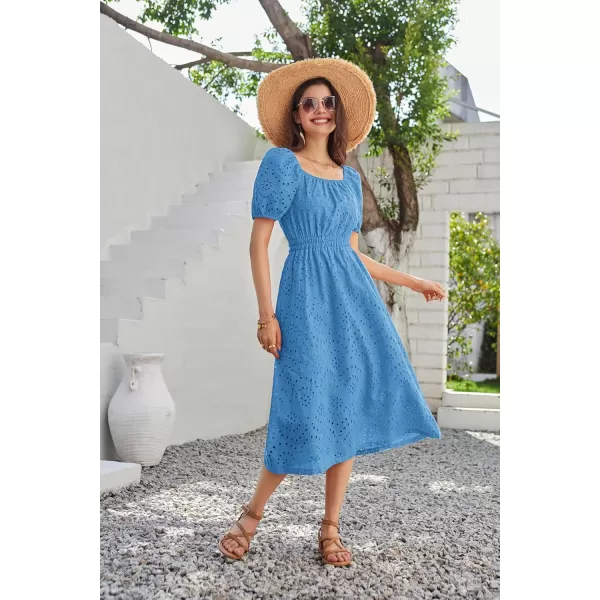 imageGRACE KARIN Womens Eyelet Dresses Summer Square Neck Short Puff Sleeve Casual A Line Boho Midi DressBlue