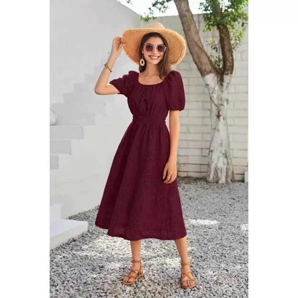 imageGRACE KARIN Womens Eyelet Dresses Summer Square Neck Short Puff Sleeve Casual A Line Boho Midi DressDark Red