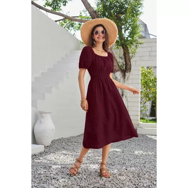 imageGRACE KARIN Womens Eyelet Dresses Summer Square Neck Short Puff Sleeve Casual A Line Boho Midi DressDark Red