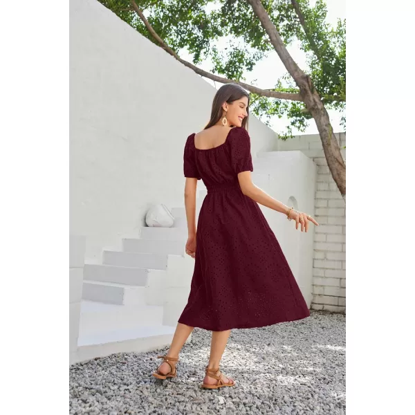 imageGRACE KARIN Womens Eyelet Dresses Summer Square Neck Short Puff Sleeve Casual A Line Boho Midi DressDark Red