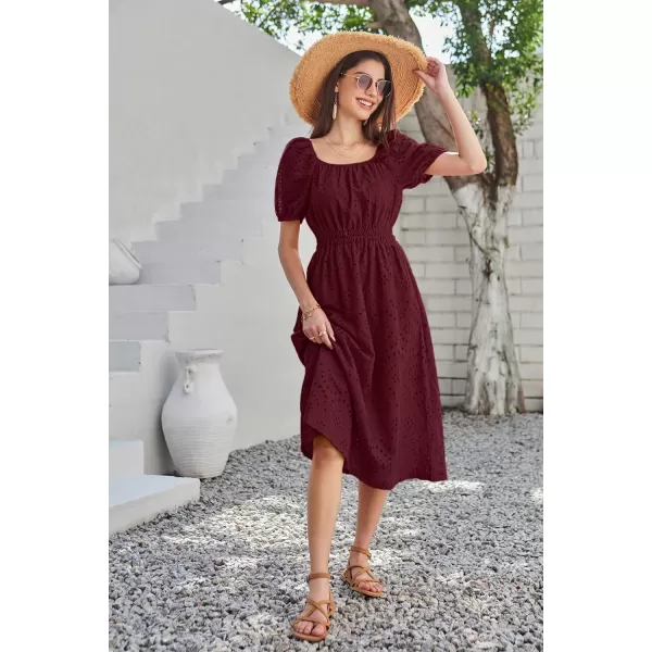 imageGRACE KARIN Womens Eyelet Dresses Summer Square Neck Short Puff Sleeve Casual A Line Boho Midi DressDark Red