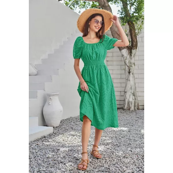 imageGRACE KARIN Womens Eyelet Dresses Summer Square Neck Short Puff Sleeve Casual A Line Boho Midi DressGrass Green