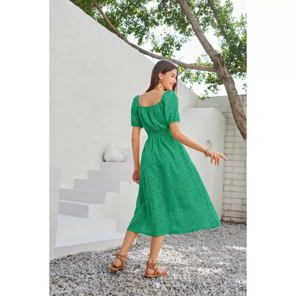 imageGRACE KARIN Womens Eyelet Dresses Summer Square Neck Short Puff Sleeve Casual A Line Boho Midi DressGrass Green