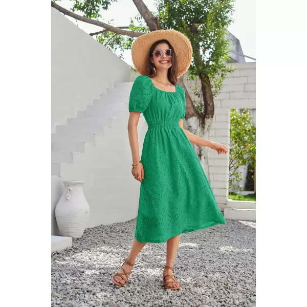 imageGRACE KARIN Womens Eyelet Dresses Summer Square Neck Short Puff Sleeve Casual A Line Boho Midi DressGrass Green