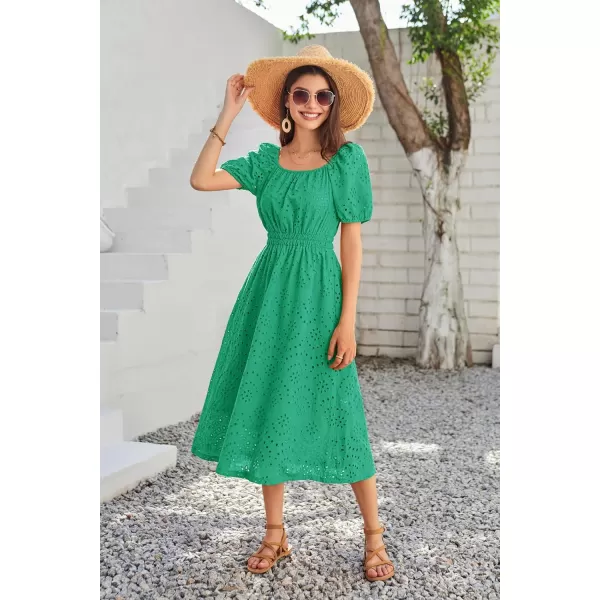 imageGRACE KARIN Womens Eyelet Dresses Summer Square Neck Short Puff Sleeve Casual A Line Boho Midi DressGrass Green