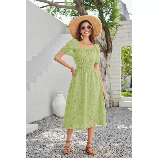 imageGRACE KARIN Womens Eyelet Dresses Summer Square Neck Short Puff Sleeve Casual A Line Boho Midi DressGreen