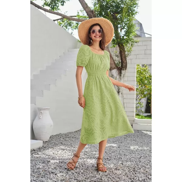 imageGRACE KARIN Womens Eyelet Dresses Summer Square Neck Short Puff Sleeve Casual A Line Boho Midi DressGreen