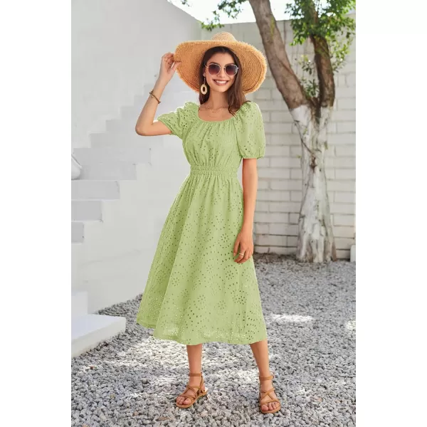 imageGRACE KARIN Womens Eyelet Dresses Summer Square Neck Short Puff Sleeve Casual A Line Boho Midi DressGreen