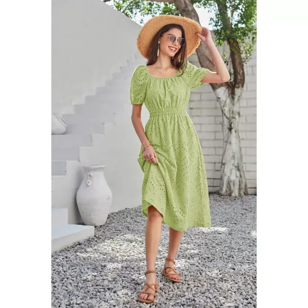 imageGRACE KARIN Womens Eyelet Dresses Summer Square Neck Short Puff Sleeve Casual A Line Boho Midi DressGreen