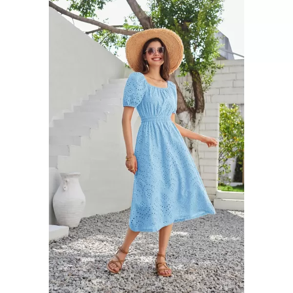 imageGRACE KARIN Womens Eyelet Dresses Summer Square Neck Short Puff Sleeve Casual A Line Boho Midi DressLight Blue